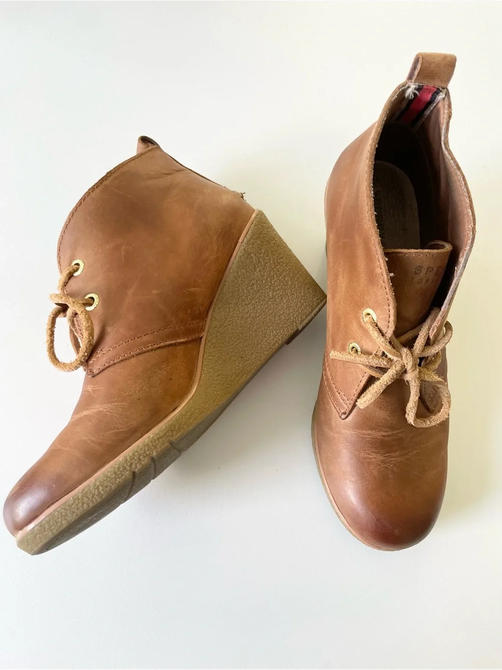 Sperry Top Sider Womens Harlow Burnished Wedge Pump size 7.5 Cognac Tobacco Tan